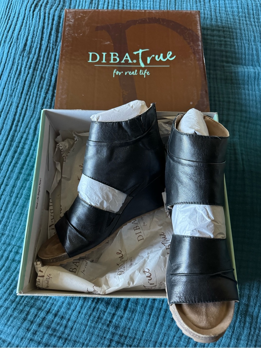 Diba True Black Leather Open-Toe Wedge Sandals